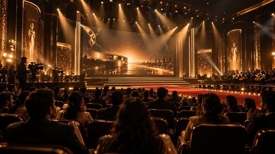 Illustrative film premiere stage with gold lighting
