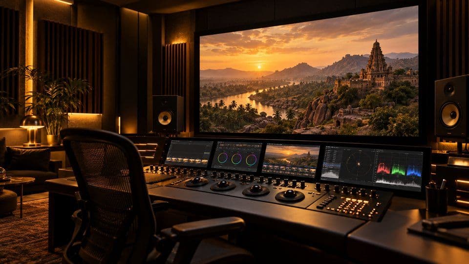 Illustrative colour grading suite with a cinematic landscape on screen